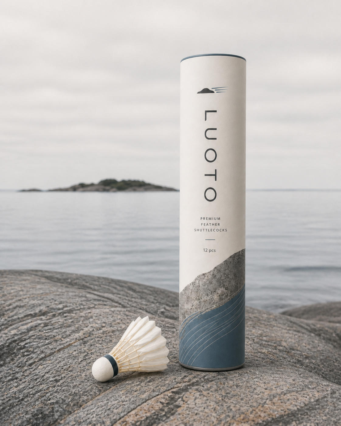 LUOTO premium feather shuttlecocks tube and shuttlecock on Finnish coastal granite